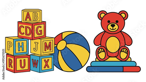 Colorful children's toys: stacking blocks, ball, teddy bear, ring stacker