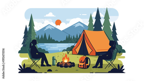 Couple camping by lake with campfire and mountains, relaxing outdoor scene
