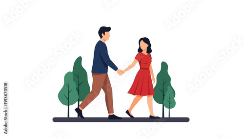 Couple holding hands walking in a park, flat design illustration