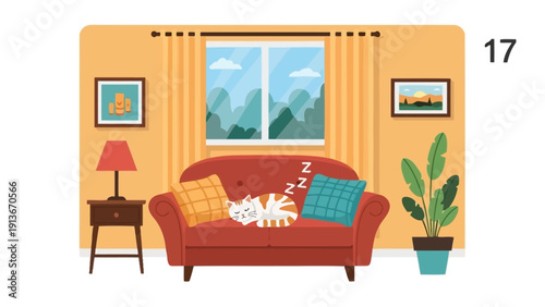 Cozy living room with a cat sleeping on the couch, window view, vector illustration
