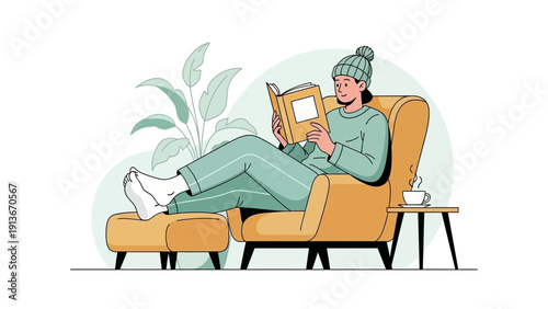 Cozy person reading book in armchair, hot drink, winter leisure, indoor relaxation