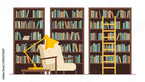 Cozy Reading Nook with Bookshelves and Lamp