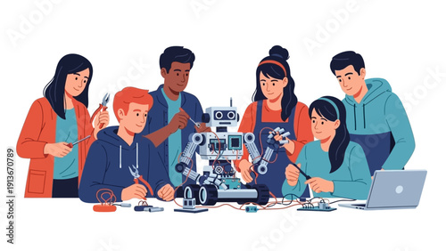 Diverse students building a robot, STEM education, teamwork, innovation, technology