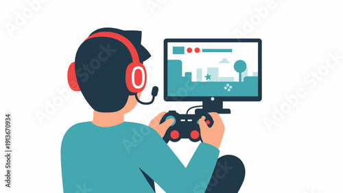 Gamer Playing Video Game with Headset and Controller, Modern Flat Illustration