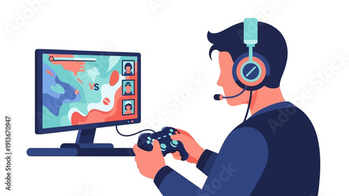 Gamer playing video game on computer with headset and controller, esports concept