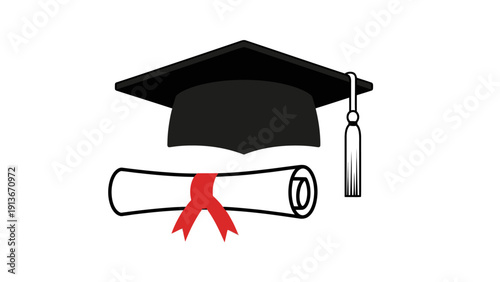 Graduation Cap and Diploma Scroll with Red Ribbon - Education Concept