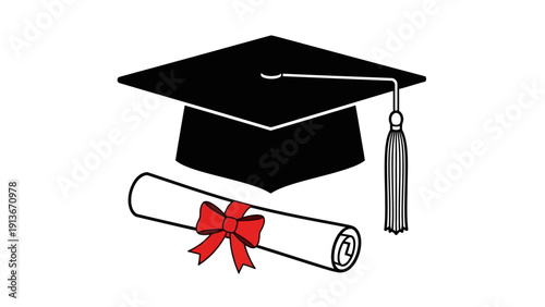 Graduation Cap and Diploma Scroll with Red Ribbon - Education Achievement Symbol