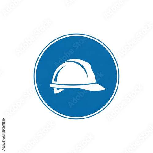 White Hard Hat Icon on Blue Circle Background, Safety Symbol