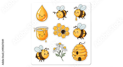 Cartoon honeybee collection sweet elements of nature isolated