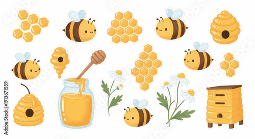 Cartoon bees honeycomb and honey jar illustration for design projects