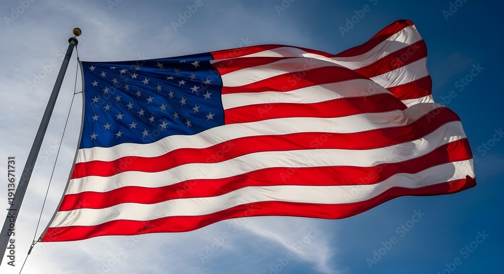 Obraz premium American Flag: United States national flag waving in blue sky, patriotism and freedom, US pride, memorial day celebration, independence day and national holiday concept