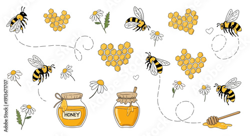 Cartoon bees honeycombs flowers and honey jars illustration