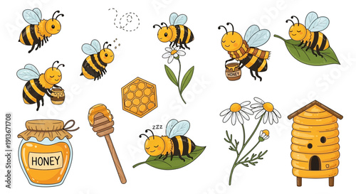 Cartoon bees in various poses with honeycomb and flowers illustration