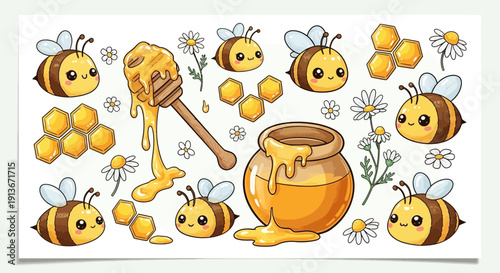 Cartoon bees with honey and flowers illustration for design and decoration