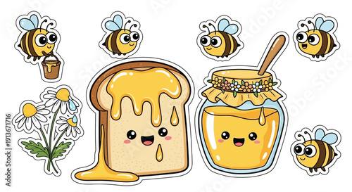 Cartoon bees toast honey and jar with daisies isolated white background