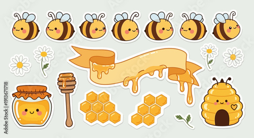 Cartoon bees with honey and flowers illustration for design projects