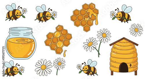 Cartoon bees honeycombs flowers and honey jar illustration set
