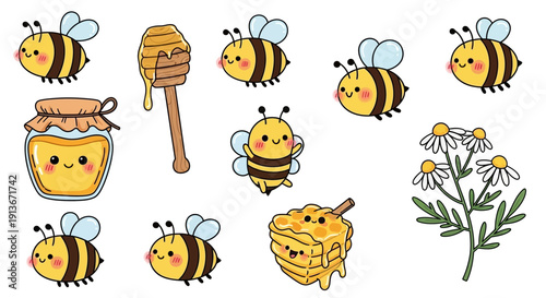 Cartoon bees with honey and flowers illustrations isolated on white
