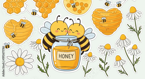 Cartoon bees with honey jar and floral elements illustration