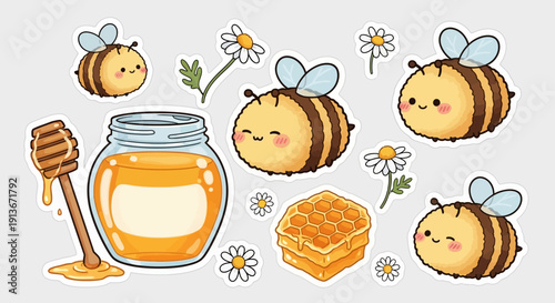 Cartoon bees with honey jar comb and daisies on a white background