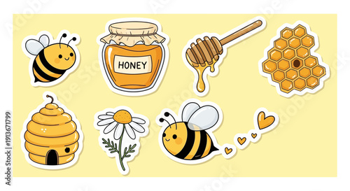 Cartoon bees with honey jar dipper and comb on yellow background