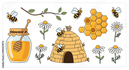 Cartoon honey bees and hive elements set isolated on white background