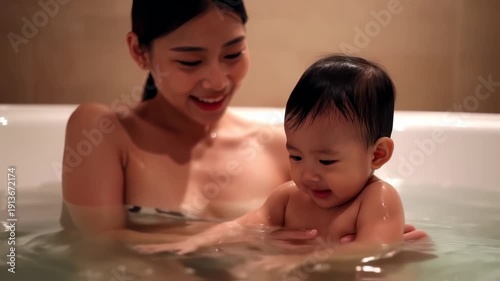 Wallpaper Mural Mother and Baby Bonding in a Relaxing Bathtub. Torontodigital.ca