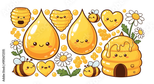 Cartoon honeycomb elements bees flowers and honey drops isolated