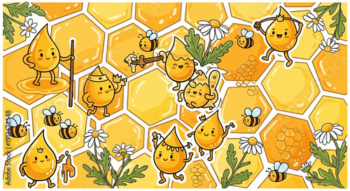 Cartoon honeycomb scene with cheerful honey drops and flying bees