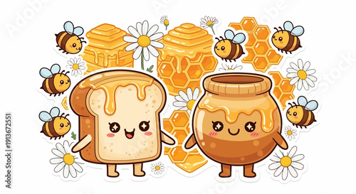 Cartoon honeycomb honey jar toast and bees illustration on white background