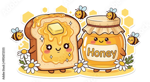 Cartoon illustration of honey jar toast bees and flowers on white background