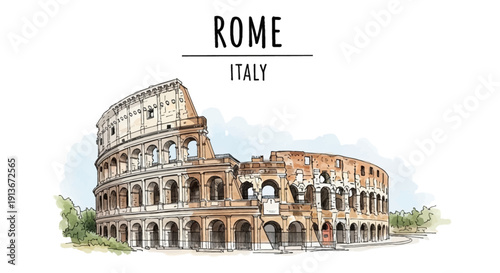 Watercolor illustration of the Colosseum in Rome Italy with text above