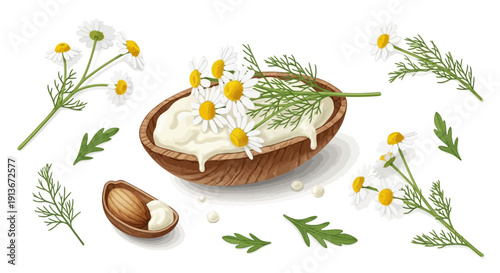 Chamomile flowers with creamy skincare product and shea nut illustration
