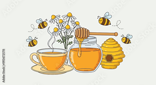 Chamomile tea with honey and bees natures refreshing and healthy elements