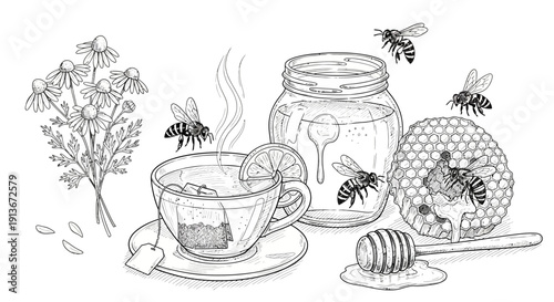 Chamomile tea scene with honey bees and honeycomb illustration
