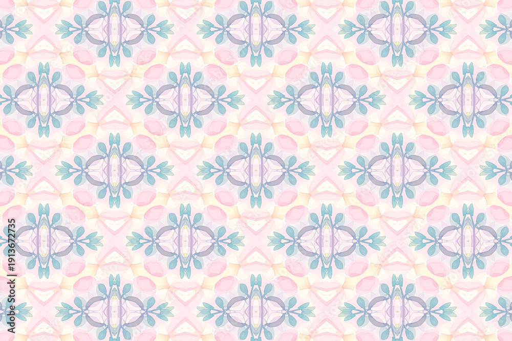 Fototapeta premium Seamless pastel geometric pattern with soft aqua, lavender, and peach tones creating an ornate, symmetrical textile design for backgrounds or branding.