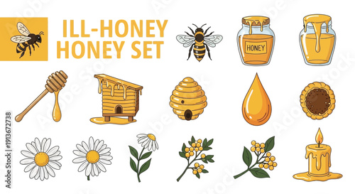 Honey and bee related elements set cartoon style illustrations vector