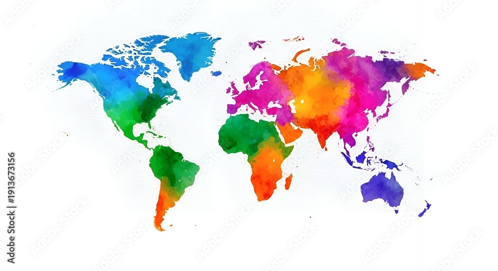 Fototapeta premium Colorful watercolor world map with vibrant continents