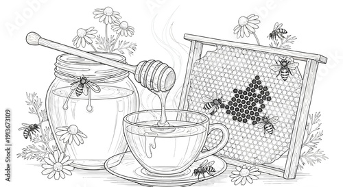 Honey and bees illustration depicting healthy lifestyle and organic sweetener