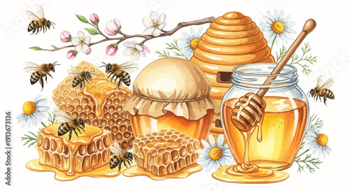 Honey and bees illustration honeycomb honey jar and blooming flowers