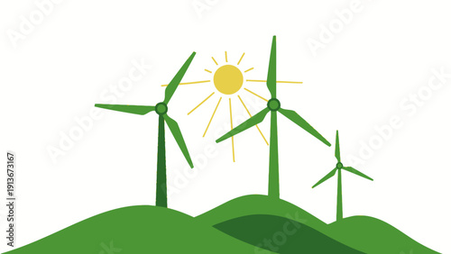 Green Energy Wind Turbines on Rolling Hills with Sun Illustration