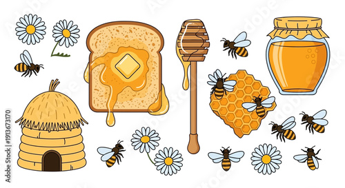 Honey and bees illustration sweet treats and natural elements vector design