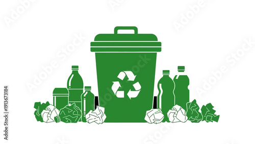 Green recycling bin with plastic bottles and crumpled paper waste