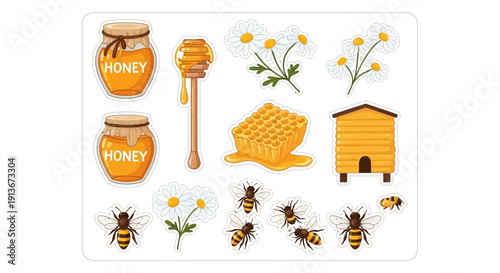 Honey and bees vector illustration of various elements in a cartoon style