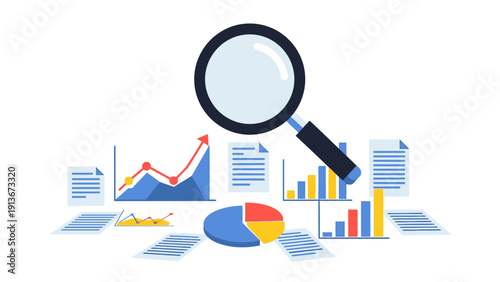 Magnifying Glass Over Financial Charts and Graphs, Business Analysis Concept