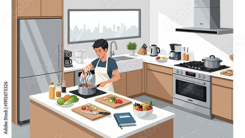 Man cooking in modern kitchen, preparing healthy food, chopping vegetables, home kitchen interior.