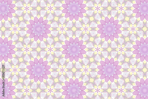 Seamless pastel lavender and pale yellow floral mandala pattern with geometric star shapes, ideal for textile design or digital background.