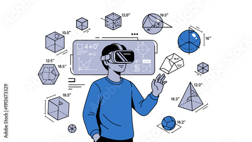 Man exploring virtual reality geometry, 3D shapes, education, technology
