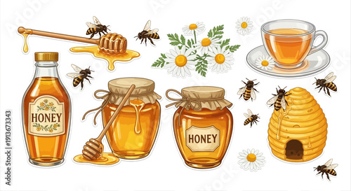 Honey and bees vector illustration with honeycomb and chamomile flowers