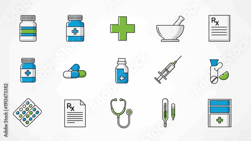 Medical Icons Set: Pills, Syringe, Stethoscope, Rx Prescription, Thermometer